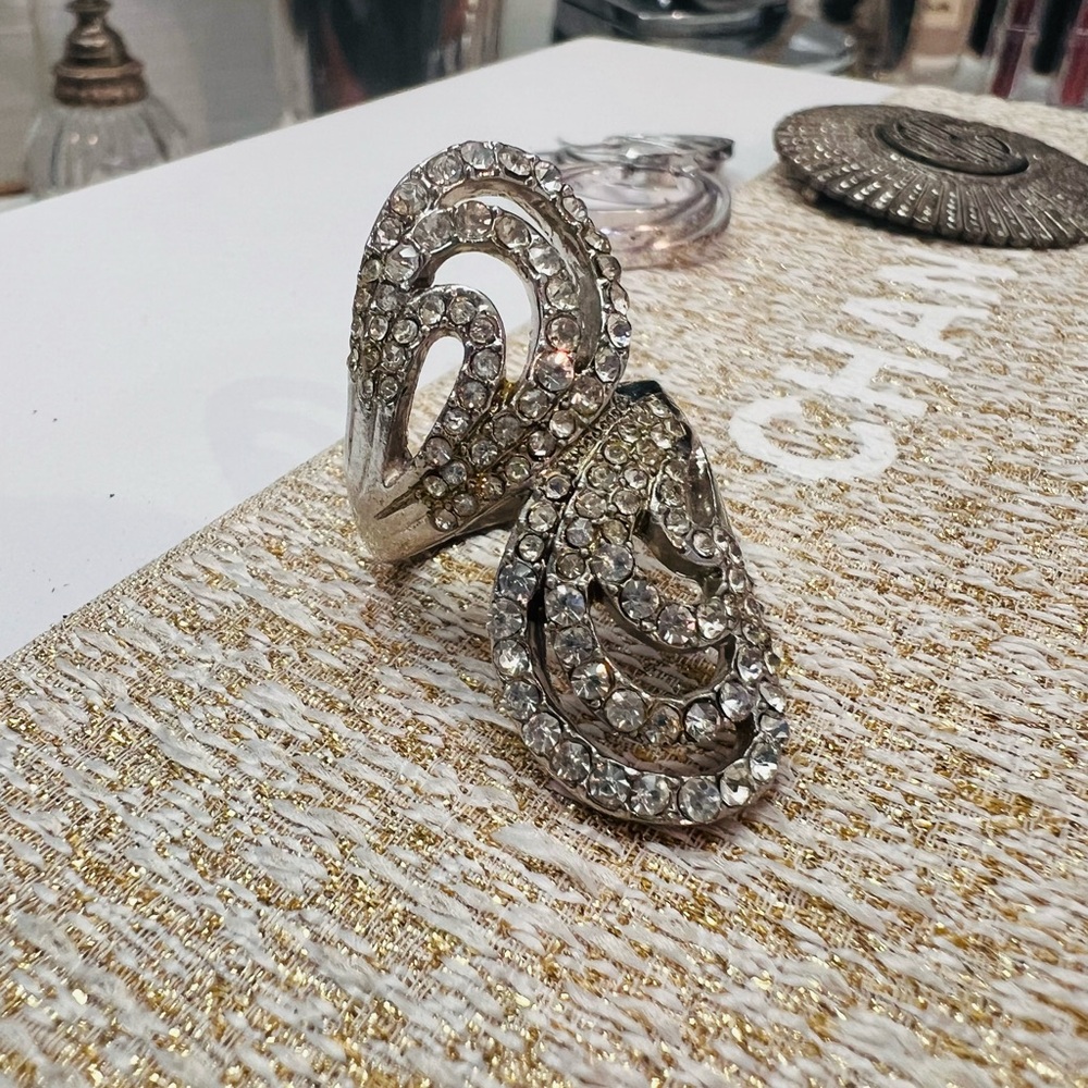 Unique Vintage Silver Crystal Statement Ring Size… - image 1